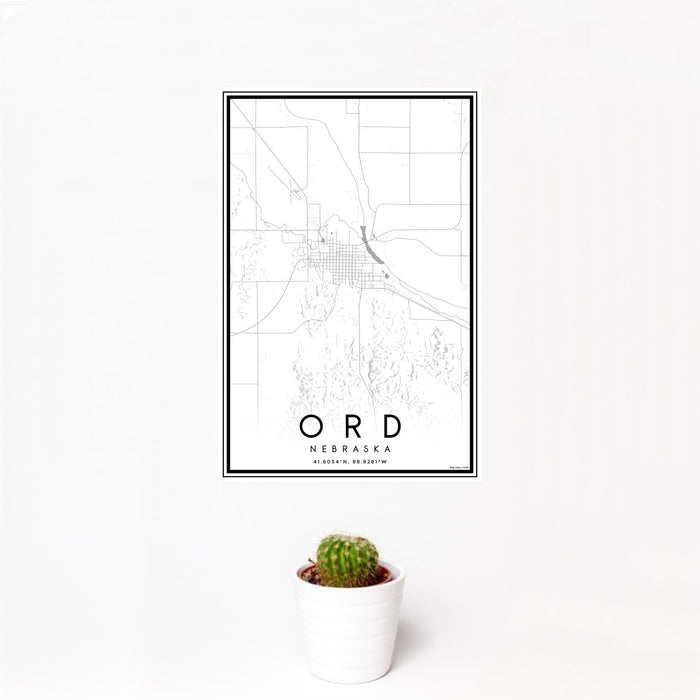 12x18 Ord Nebraska Map Print Portrait Orientation in Classic Style With Small Cactus Plant in White Planter