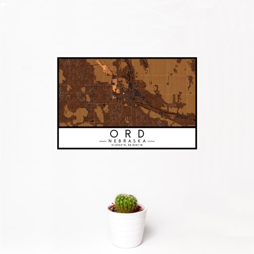 12x18 Ord Nebraska Map Print Landscape Orientation in Ember Style With Small Cactus Plant in White Planter