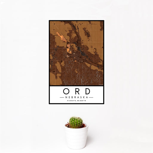 12x18 Ord Nebraska Map Print Portrait Orientation in Ember Style With Small Cactus Plant in White Planter