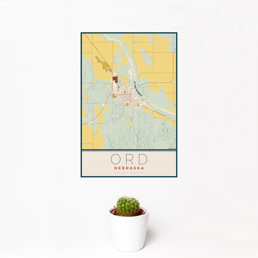 12x18 Ord Nebraska Map Print Portrait Orientation in Woodblock Style With Small Cactus Plant in White Planter