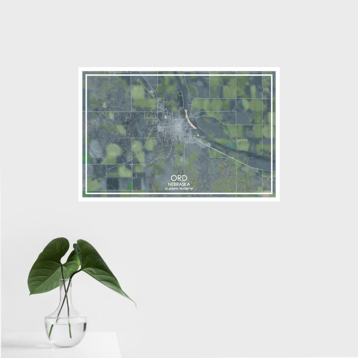 16x24 Ord Nebraska Map Print Landscape Orientation in Afternoon Style With Tropical Plant Leaves in Water