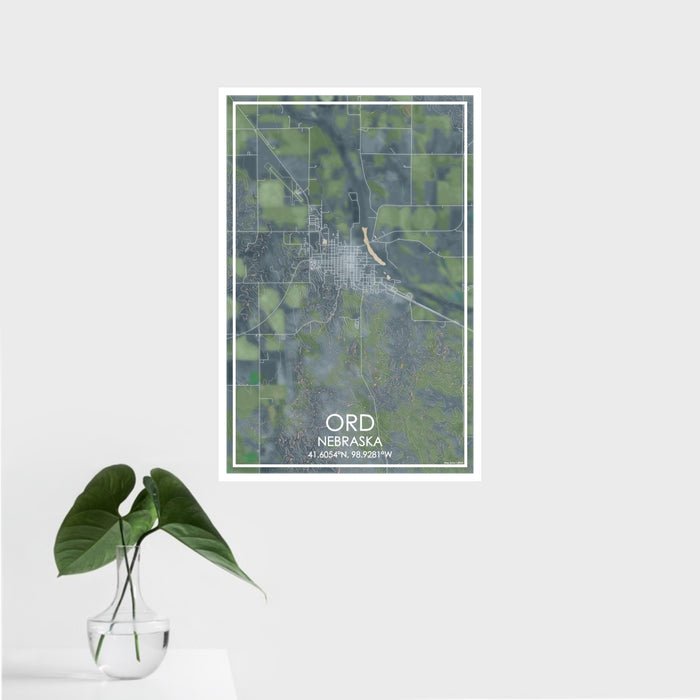 16x24 Ord Nebraska Map Print Portrait Orientation in Afternoon Style With Tropical Plant Leaves in Water