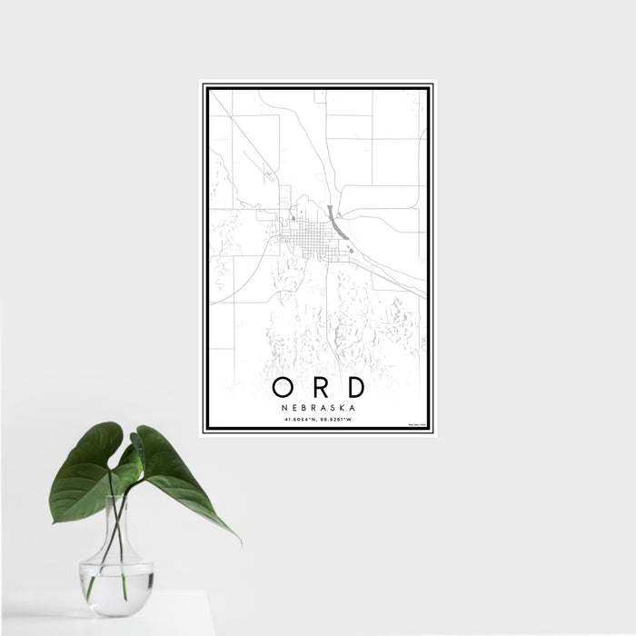 16x24 Ord Nebraska Map Print Portrait Orientation in Classic Style With Tropical Plant Leaves in Water