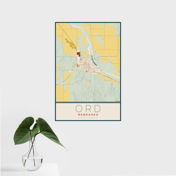 16x24 Ord Nebraska Map Print Portrait Orientation in Woodblock Style With Tropical Plant Leaves in Water