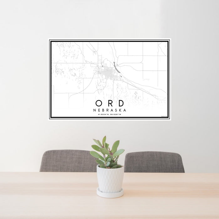 24x36 Ord Nebraska Map Print Lanscape Orientation in Classic Style Behind 2 Chairs Table and Potted Plant