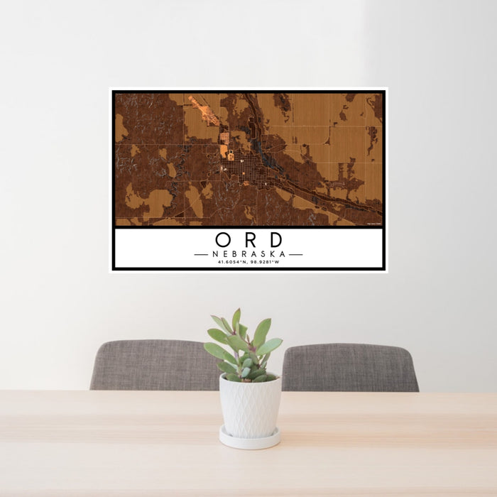 24x36 Ord Nebraska Map Print Lanscape Orientation in Ember Style Behind 2 Chairs Table and Potted Plant