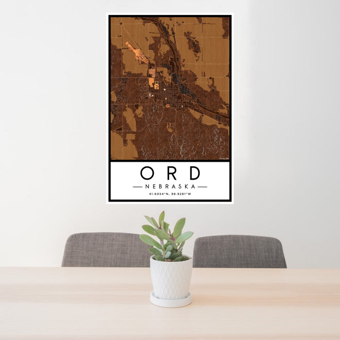 24x36 Ord Nebraska Map Print Portrait Orientation in Ember Style Behind 2 Chairs Table and Potted Plant