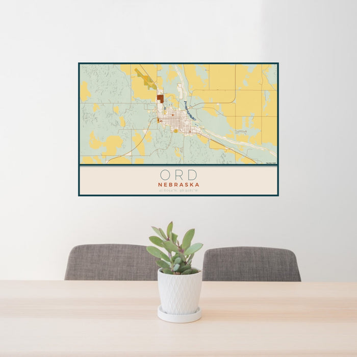 24x36 Ord Nebraska Map Print Lanscape Orientation in Woodblock Style Behind 2 Chairs Table and Potted Plant