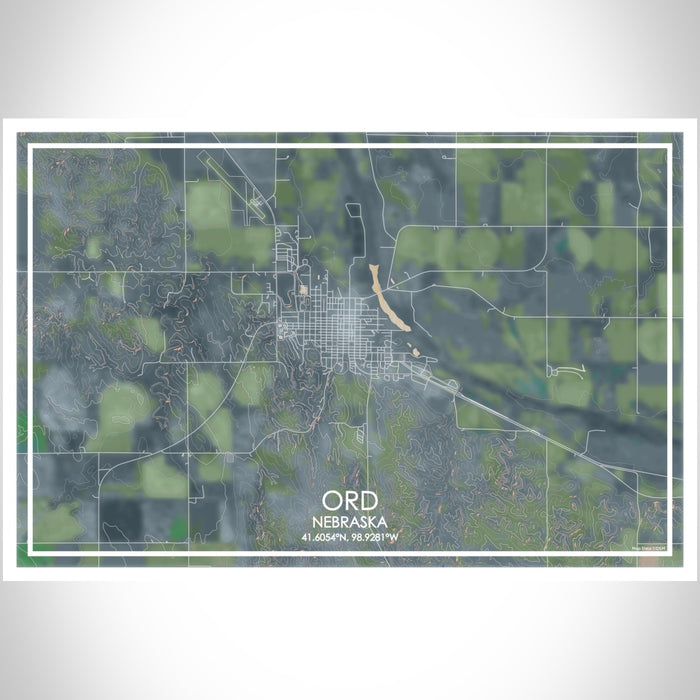 Ord Nebraska Map Print Landscape Orientation in Afternoon Style With Shaded Background