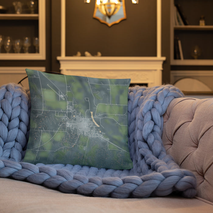 Custom Ord Nebraska Map Throw Pillow in Afternoon on Cream Colored Couch