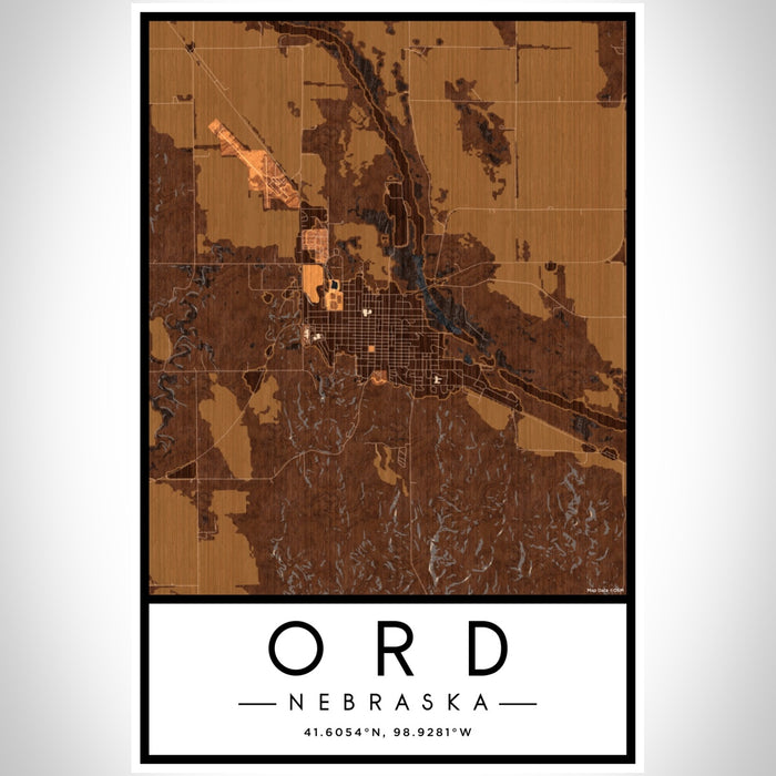 Ord Nebraska Map Print Portrait Orientation in Ember Style With Shaded Background