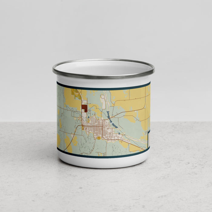 Front View Custom Ord Nebraska Map Enamel Mug in Woodblock