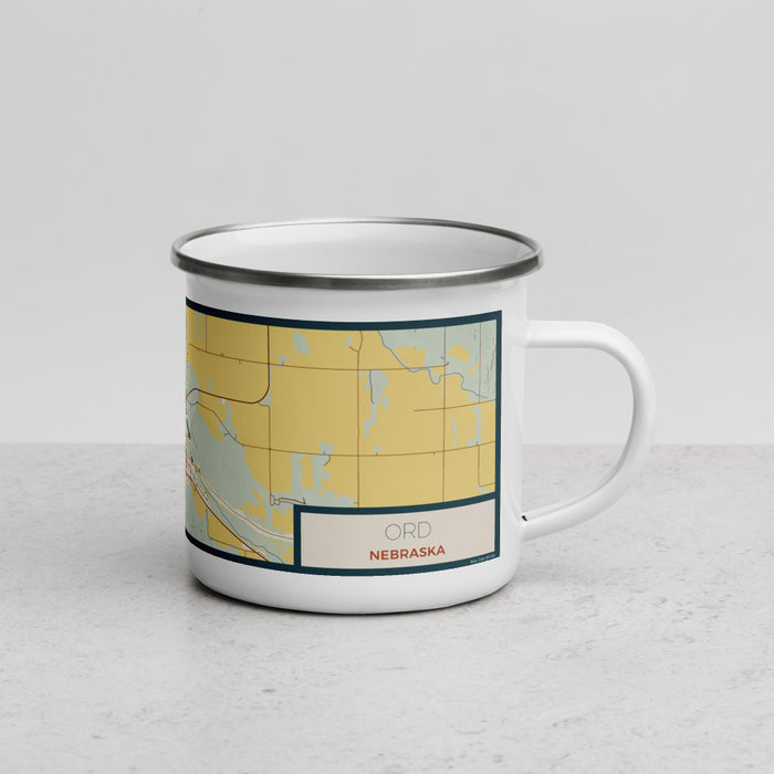 Right View Custom Ord Nebraska Map Enamel Mug in Woodblock