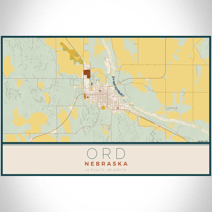 Ord Nebraska Map Print Landscape Orientation in Woodblock Style With Shaded Background