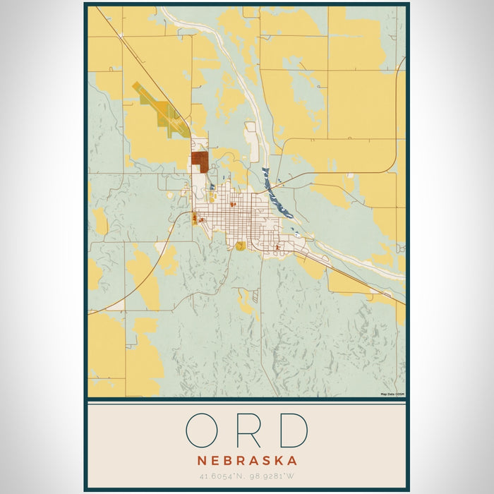 Ord Nebraska Map Print Portrait Orientation in Woodblock Style With Shaded Background