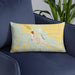 Custom Ord Nebraska Map Throw Pillow in Woodblock on Blue Colored Chair