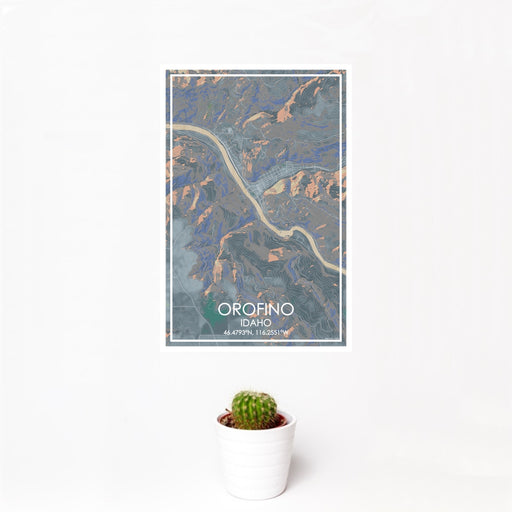 12x18 Orofino Idaho Map Print Portrait Orientation in Afternoon Style With Small Cactus Plant in White Planter