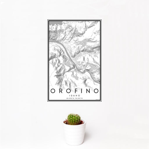 12x18 Orofino Idaho Map Print Portrait Orientation in Classic Style With Small Cactus Plant in White Planter