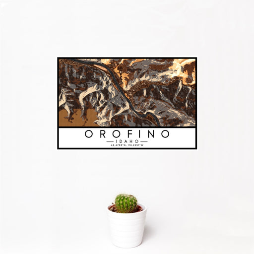 12x18 Orofino Idaho Map Print Landscape Orientation in Ember Style With Small Cactus Plant in White Planter