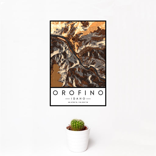 12x18 Orofino Idaho Map Print Portrait Orientation in Ember Style With Small Cactus Plant in White Planter
