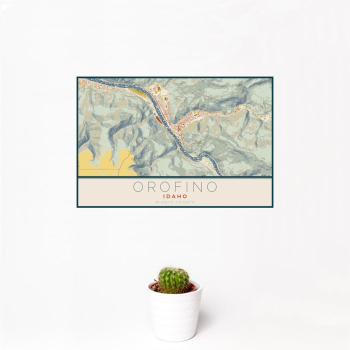 12x18 Orofino Idaho Map Print Landscape Orientation in Woodblock Style With Small Cactus Plant in White Planter