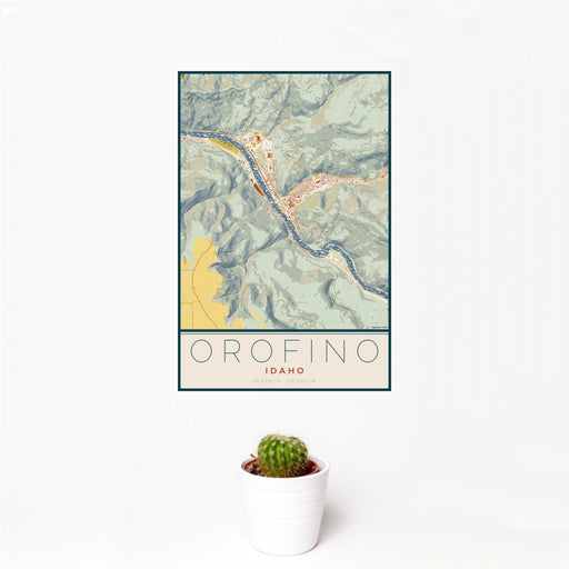 12x18 Orofino Idaho Map Print Portrait Orientation in Woodblock Style With Small Cactus Plant in White Planter