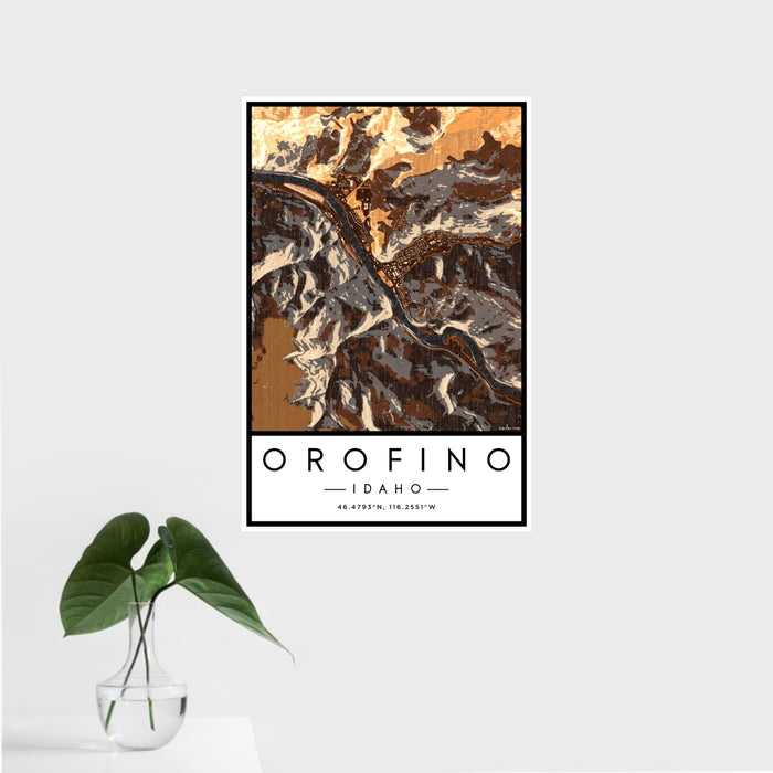 16x24 Orofino Idaho Map Print Portrait Orientation in Ember Style With Tropical Plant Leaves in Water
