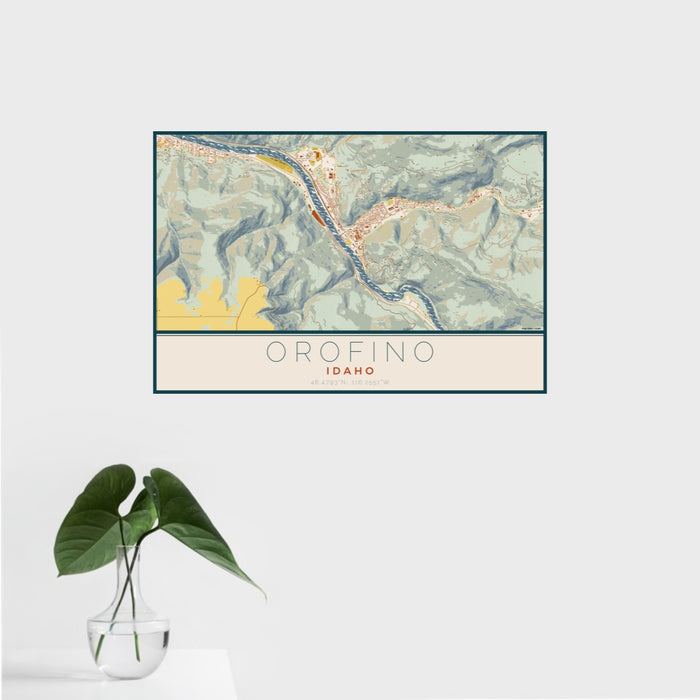 16x24 Orofino Idaho Map Print Landscape Orientation in Woodblock Style With Tropical Plant Leaves in Water
