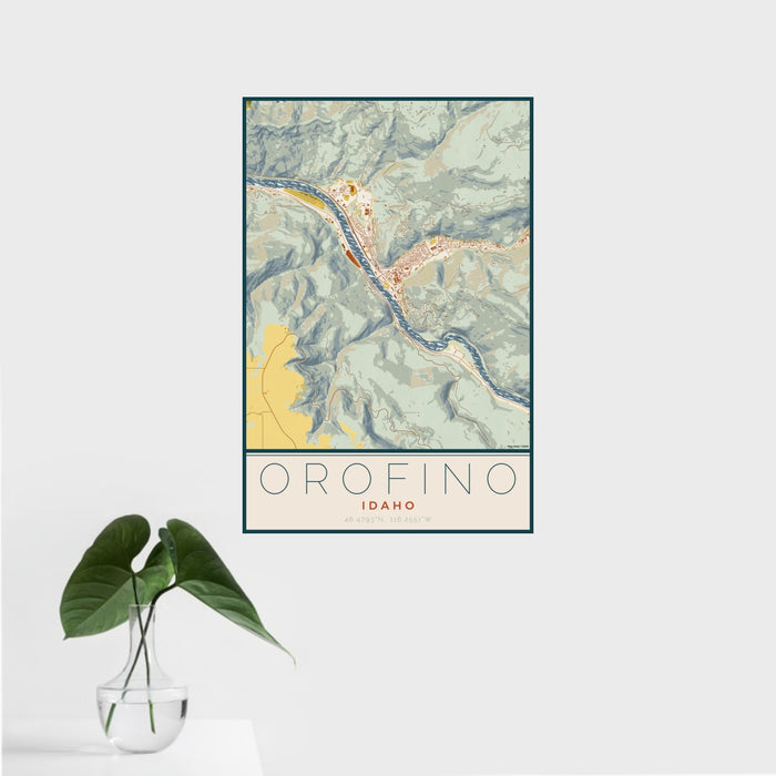 16x24 Orofino Idaho Map Print Portrait Orientation in Woodblock Style With Tropical Plant Leaves in Water