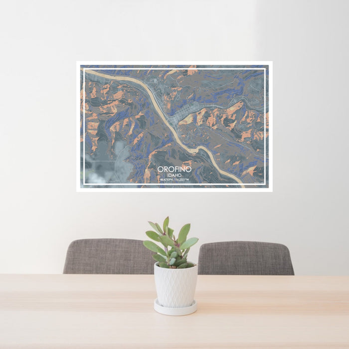 24x36 Orofino Idaho Map Print Lanscape Orientation in Afternoon Style Behind 2 Chairs Table and Potted Plant