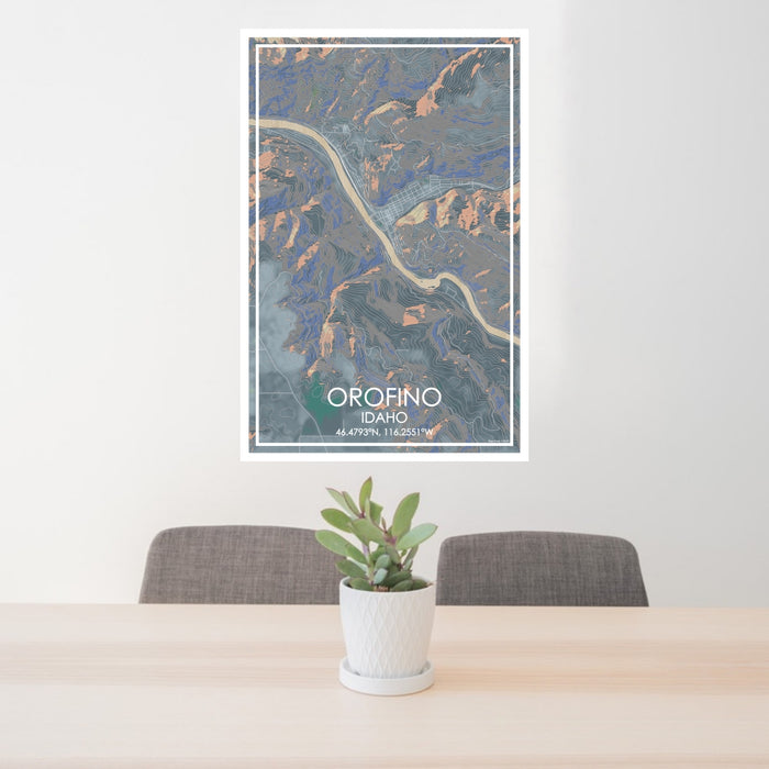 24x36 Orofino Idaho Map Print Portrait Orientation in Afternoon Style Behind 2 Chairs Table and Potted Plant