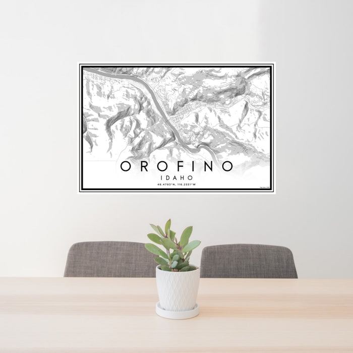 24x36 Orofino Idaho Map Print Lanscape Orientation in Classic Style Behind 2 Chairs Table and Potted Plant