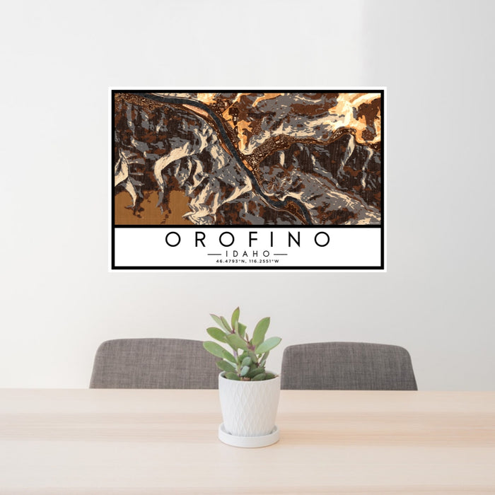 24x36 Orofino Idaho Map Print Lanscape Orientation in Ember Style Behind 2 Chairs Table and Potted Plant
