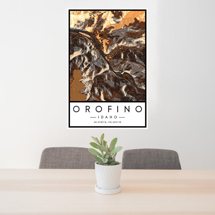 24x36 Orofino Idaho Map Print Portrait Orientation in Ember Style Behind 2 Chairs Table and Potted Plant