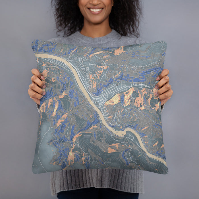 Person holding 18x18 Custom Orofino Idaho Map Throw Pillow in Afternoon