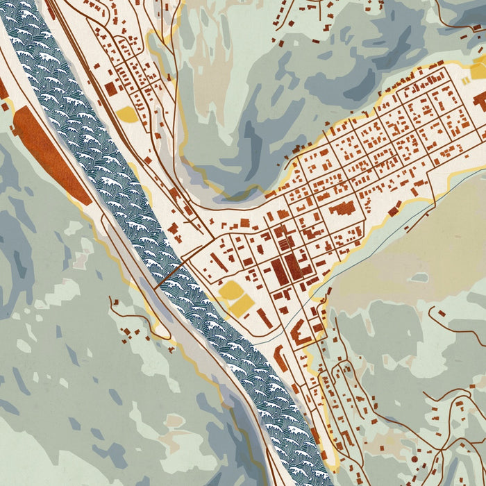 Orofino Idaho Map Print in Woodblock Style Zoomed In Close Up Showing Details