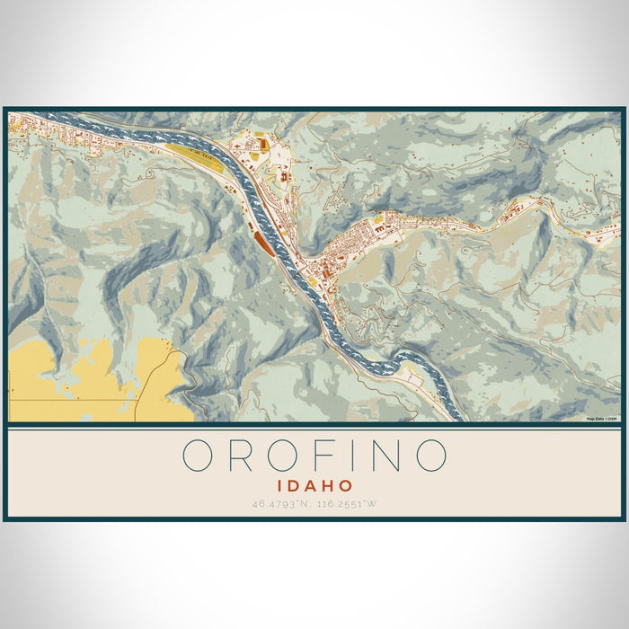 Orofino Idaho Map Print Landscape Orientation in Woodblock Style With Shaded Background