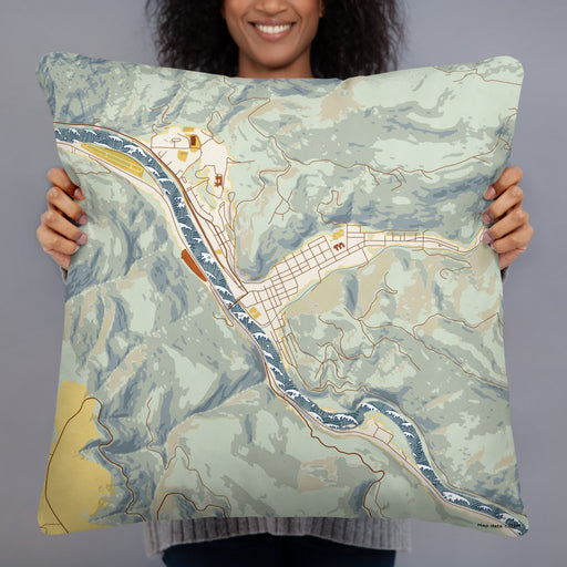Person holding 22x22 Custom Orofino Idaho Map Throw Pillow in Woodblock