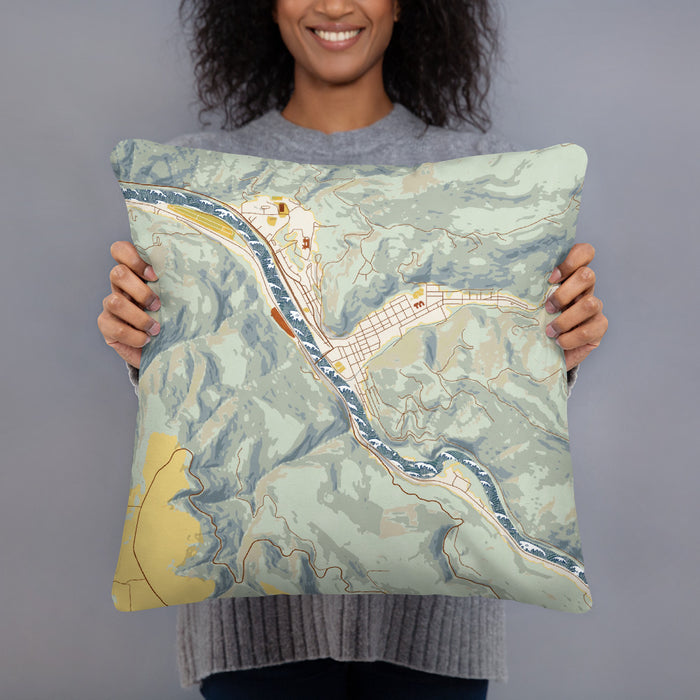 Person holding 18x18 Custom Orofino Idaho Map Throw Pillow in Woodblock
