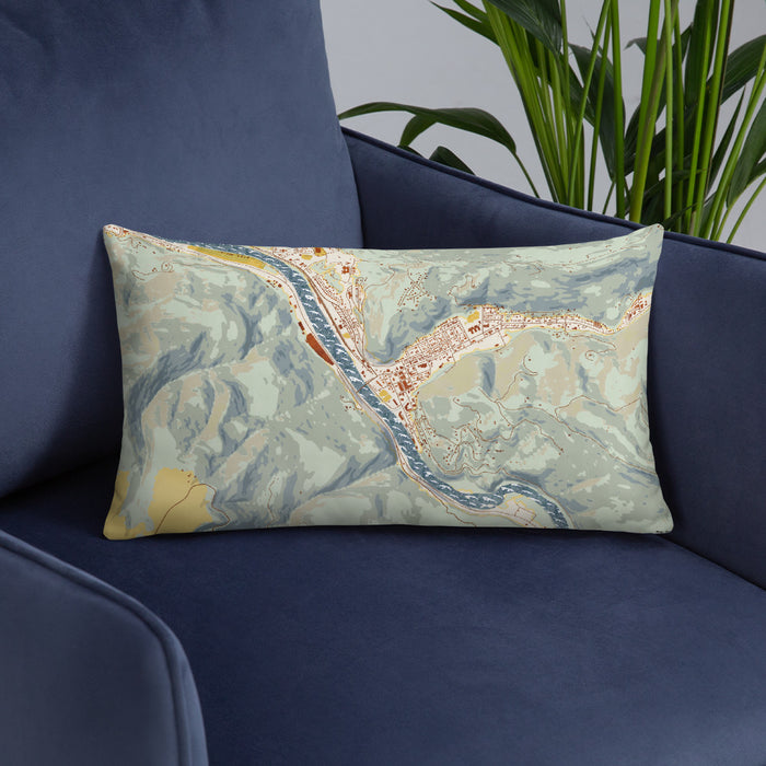 Custom Orofino Idaho Map Throw Pillow in Woodblock on Blue Colored Chair
