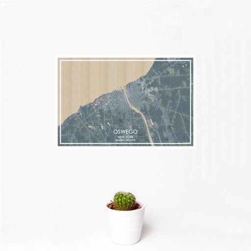 12x18 Oswego New York Map Print Landscape Orientation in Afternoon Style With Small Cactus Plant in White Planter