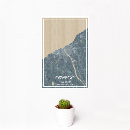 12x18 Oswego New York Map Print Portrait Orientation in Afternoon Style With Small Cactus Plant in White Planter