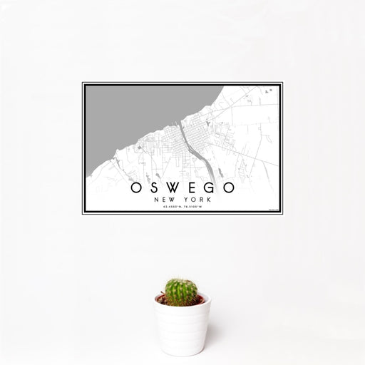 12x18 Oswego New York Map Print Landscape Orientation in Classic Style With Small Cactus Plant in White Planter