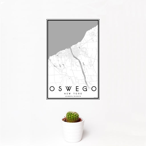 12x18 Oswego New York Map Print Portrait Orientation in Classic Style With Small Cactus Plant in White Planter