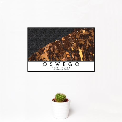 12x18 Oswego New York Map Print Landscape Orientation in Ember Style With Small Cactus Plant in White Planter