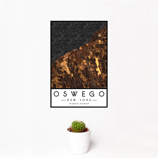 12x18 Oswego New York Map Print Portrait Orientation in Ember Style With Small Cactus Plant in White Planter