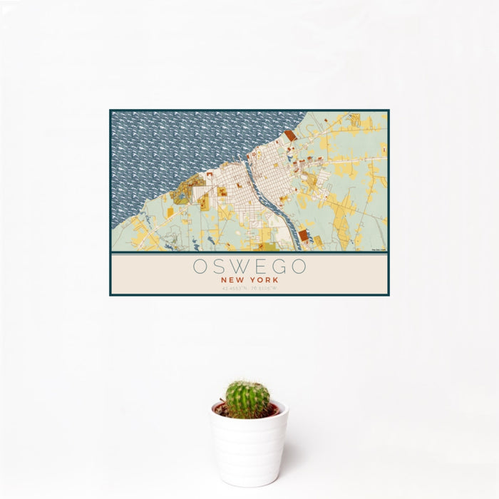 12x18 Oswego New York Map Print Landscape Orientation in Woodblock Style With Small Cactus Plant in White Planter