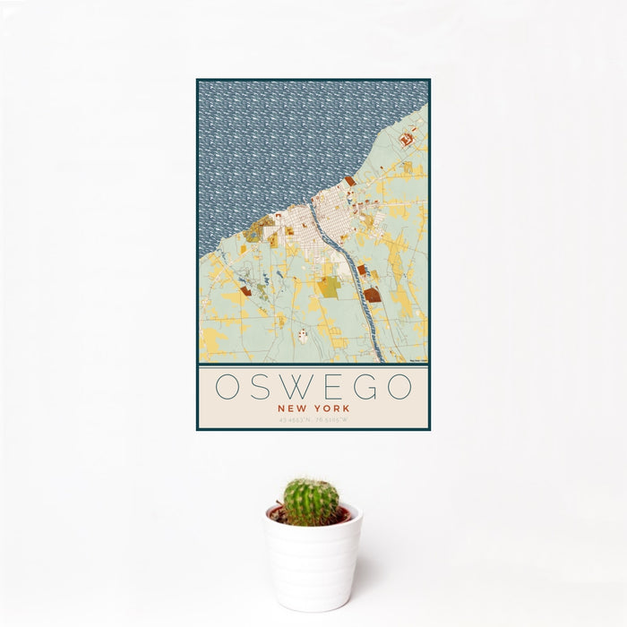 12x18 Oswego New York Map Print Portrait Orientation in Woodblock Style With Small Cactus Plant in White Planter