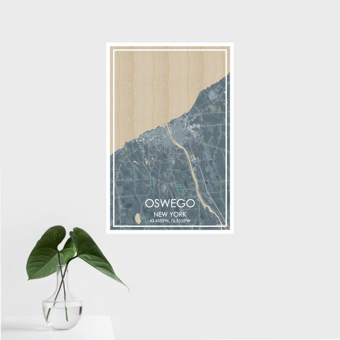 16x24 Oswego New York Map Print Portrait Orientation in Afternoon Style With Tropical Plant Leaves in Water