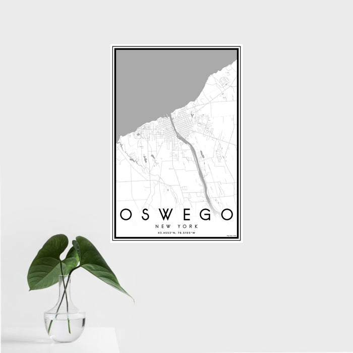 16x24 Oswego New York Map Print Portrait Orientation in Classic Style With Tropical Plant Leaves in Water